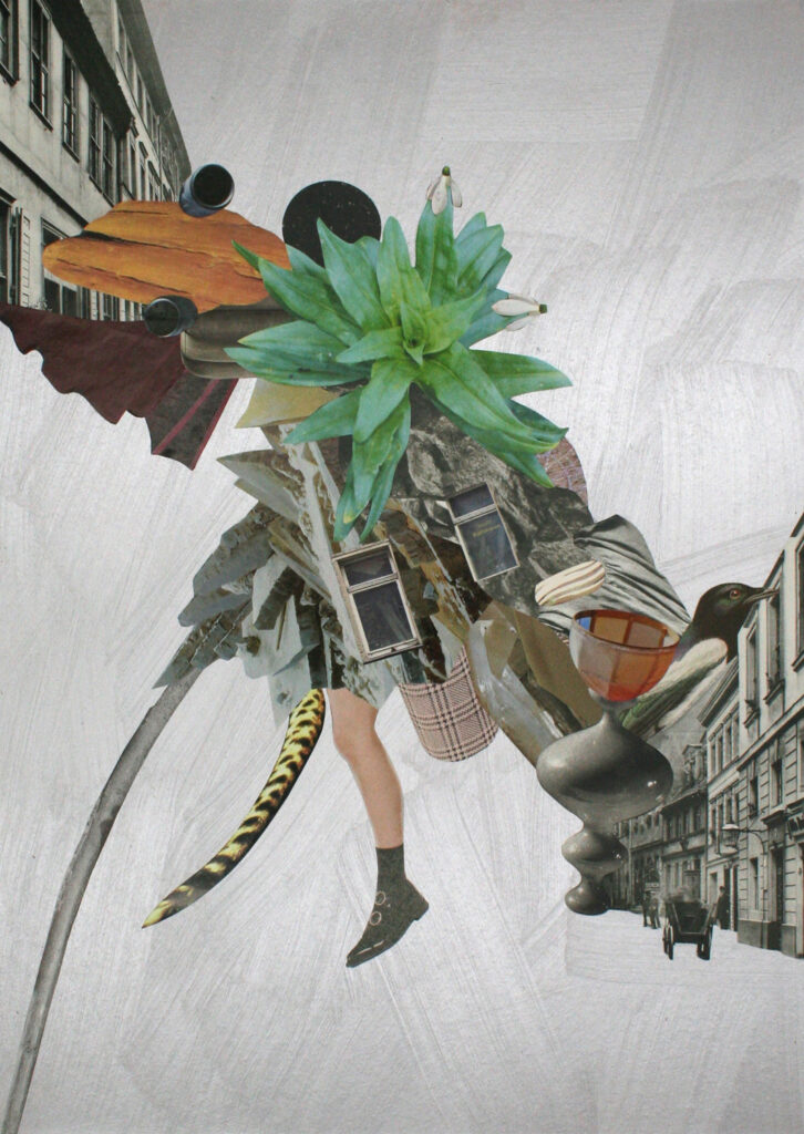 Mauerblume, Collage on silver paint